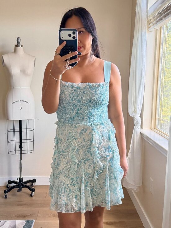 Alice + Olivia Dresses & Skirts - Alice + Olivia Blue Floral Ruffle Dress | Eyelet Detail Mini | 4 | Cottagecore